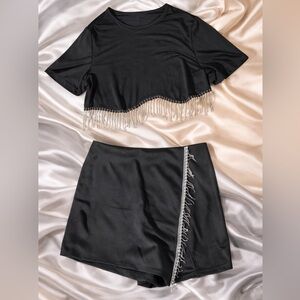 Black Rhinestone 2Pc Set, 1XL Top & 2XL Skorts. Party Club Outfit Skort. TC